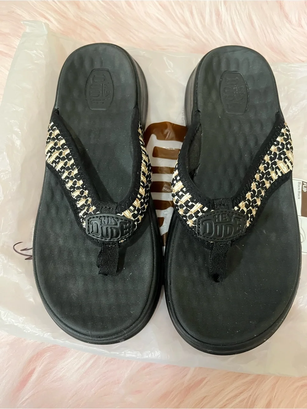 Hey Dude Black Flip Flop with Leopard-Print Straps